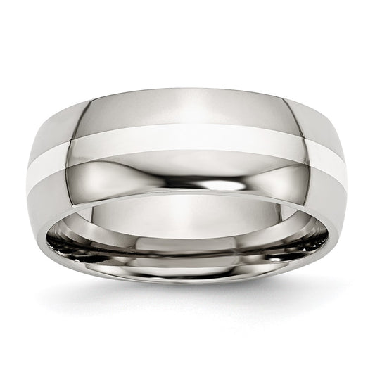 Stainless Steel w/Sterling Silver Inlay Polished 8mm Band Size - 10.5