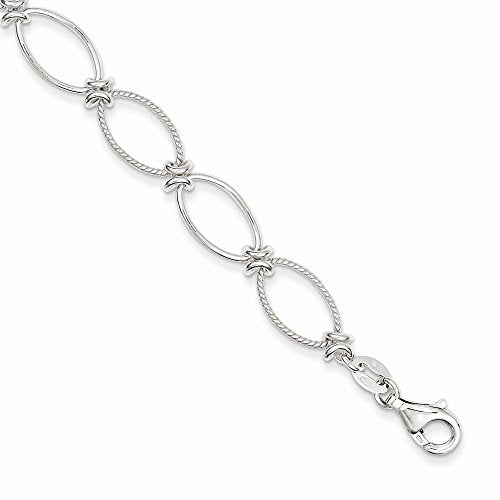 Sterling Silver Polished Textured Fancy Oval Link Bracelet 7.5 inches