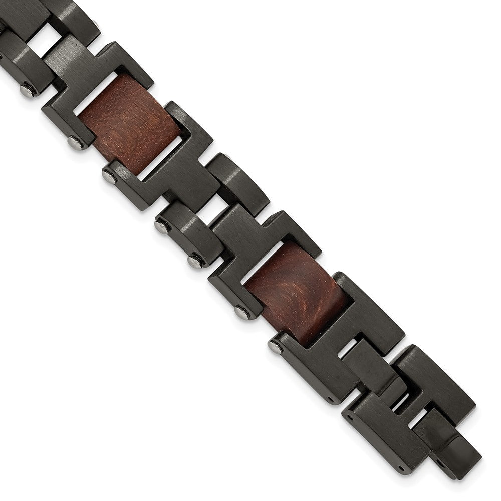 Stainless Steel Brushed Black IP-plated with Wood w/.5in ext. 8in Bracelet 8 inches