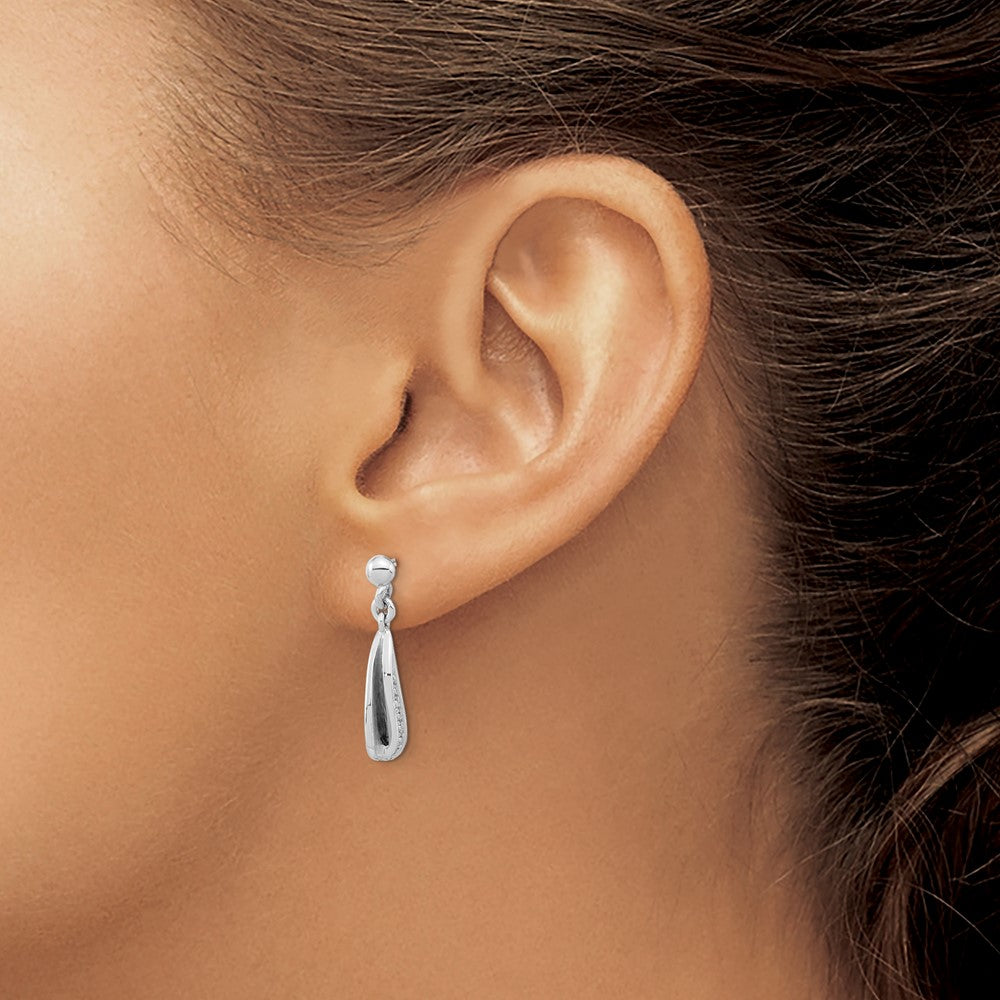 Sterling Silver RH-plated Brushed & Polished CZ Dangle Post Earrings