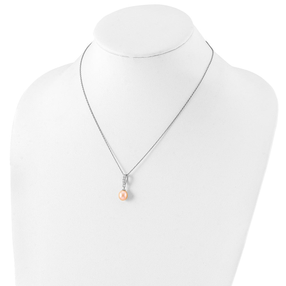 Sterling Silver Rhodium-plated 8-9mm Pink Teardrop Freshwater Cultured Pearl and CZ 17 inch Necklace 17 Inches