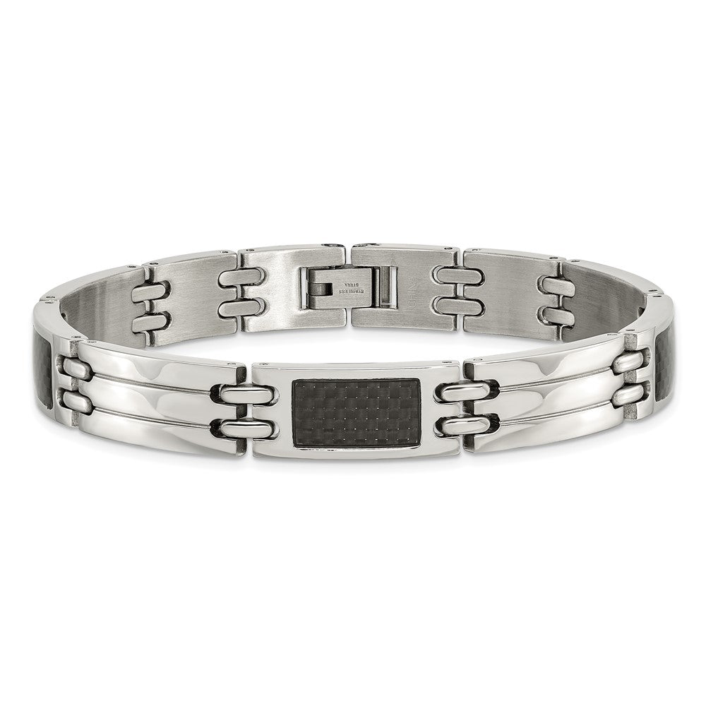 Stainless Steel Brushed & Polished Black Carbon Fiber Inlay 8.5in Bracelet 8.5 inches
