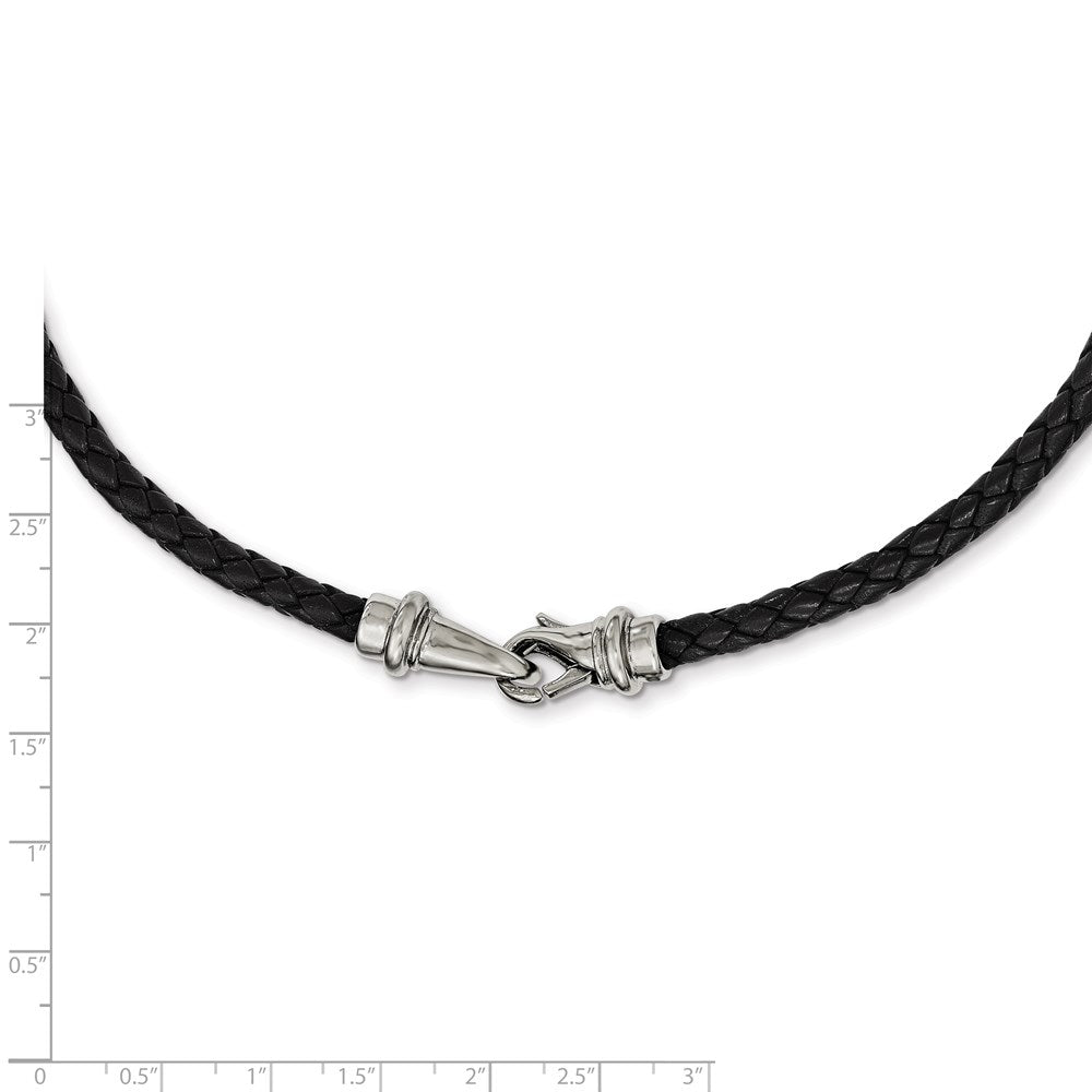 Stainless Steel Polished Woven Black Leather 19.5in Necklace