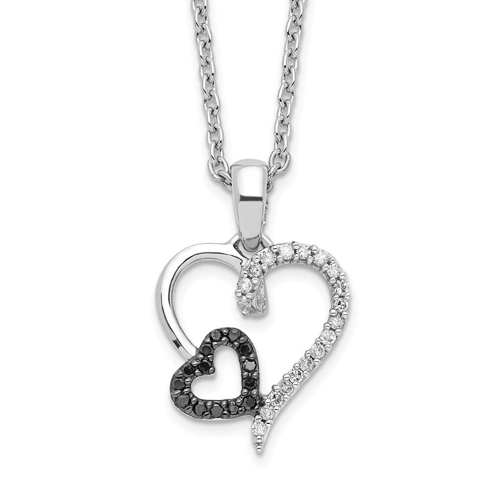 White Night Sterling Silver Rhodium-plated Black and White Diamond Double Heart 18 Inch Necklace with 2 Inch Extender 18 Inches