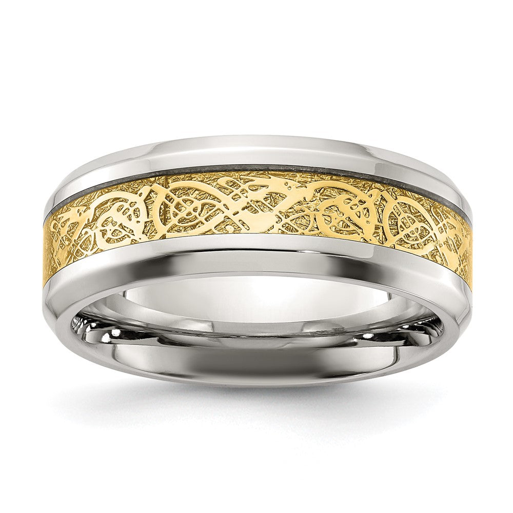 Stainless Steel Polished with Yellow IP-plated Inlay Design 8mm Band Size - 8.5