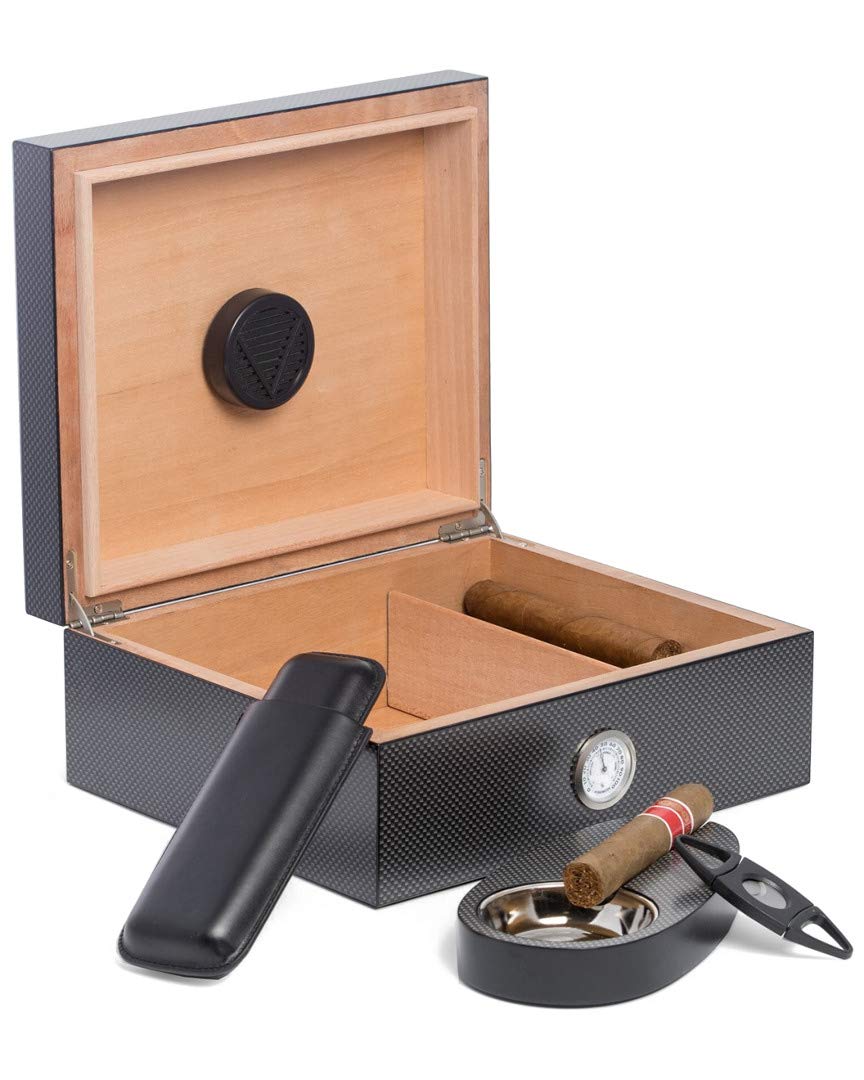 Bey-Berk International C421 Carbon Fiber Design Humidor Set Black & Grey - 6 Piece