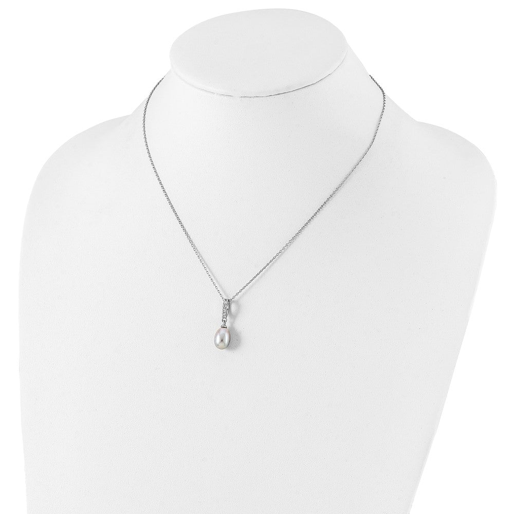 Sterling Silver Rhodium-plated 8-9mm Grey Teardrop Freshwater Cultured Pearl and CZ 17 inch Necklace 17 Inches