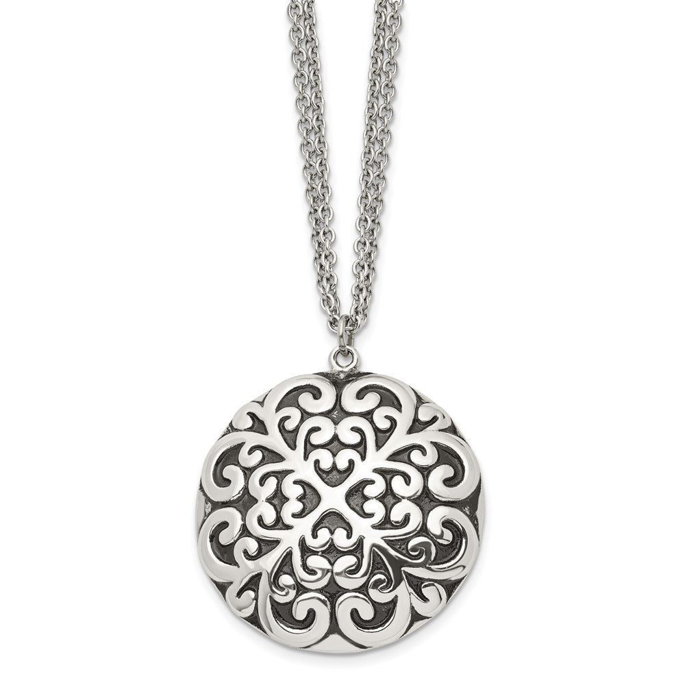 Stainless Steel Polished and Antiqued Circle 18in Necklace