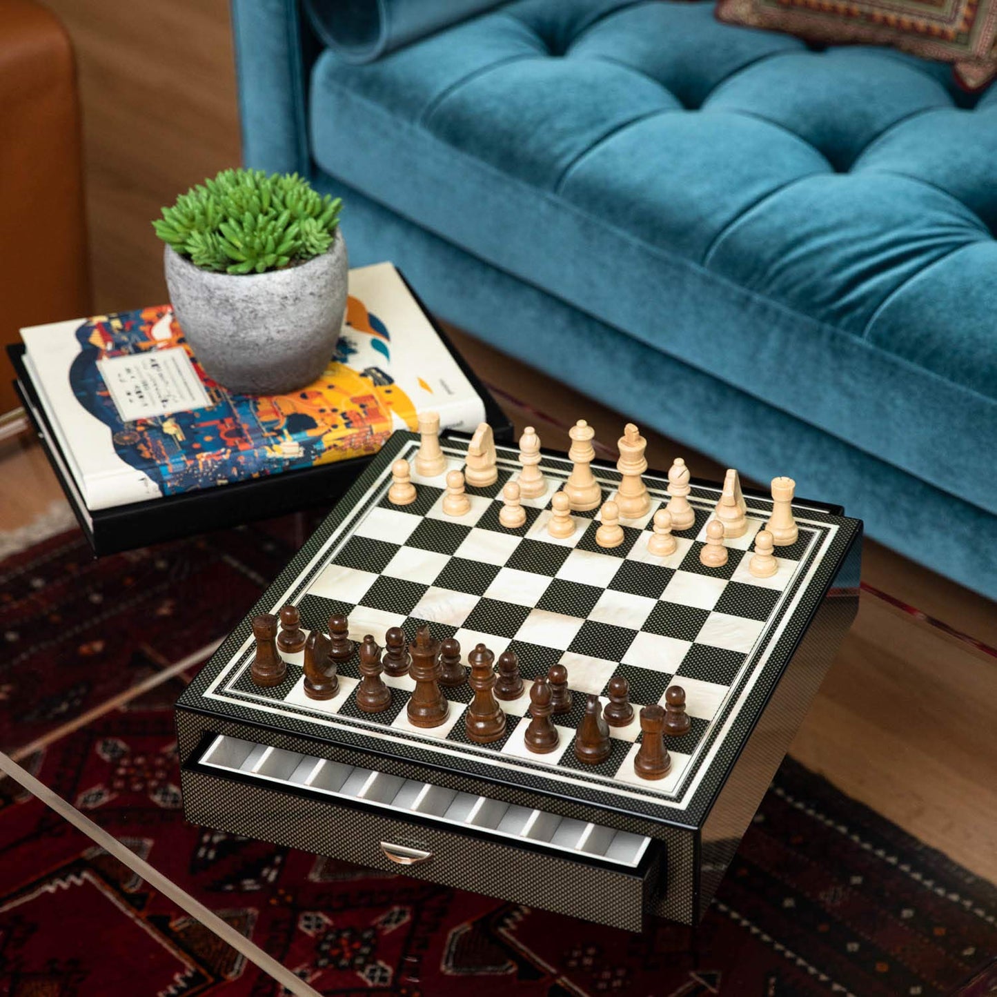 Bey-Berk International G551 Carbon Fiber & Mother of Pearl Design Chess Set with Accessory Drawers, Beige & Brown