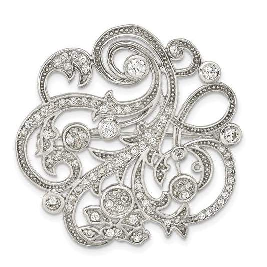 Finest Gold Sterling Silver Polished CZ Filigree Floral Vintage Style Pin Brooch