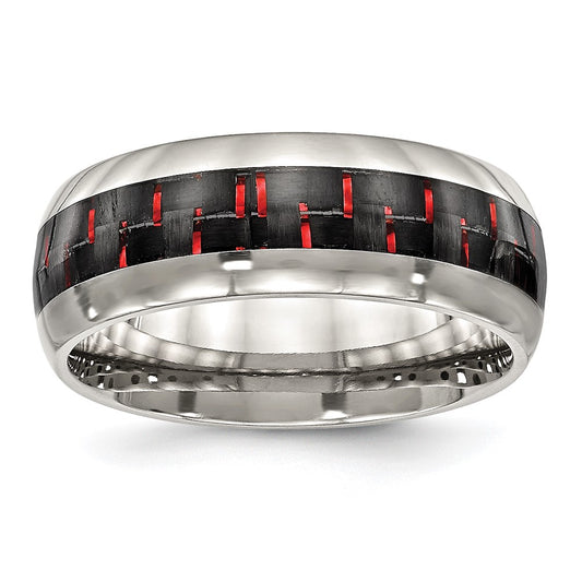Stainless Steel Polished Black/Red Carbon Fiber Inlay 8mm Band Size - 7.5