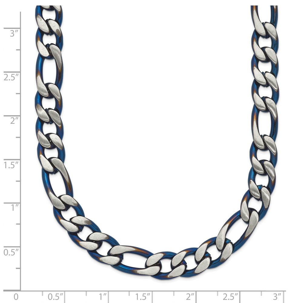 Chisel Stainless Steel Brushed and Polished Blue IP-plated 7.5mm 26 inch Figaro Chain Necklace