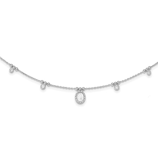Sterling Silver RH-plated CZ Miraculous Medal w/1.5in ext. Necklace 16 Inches
