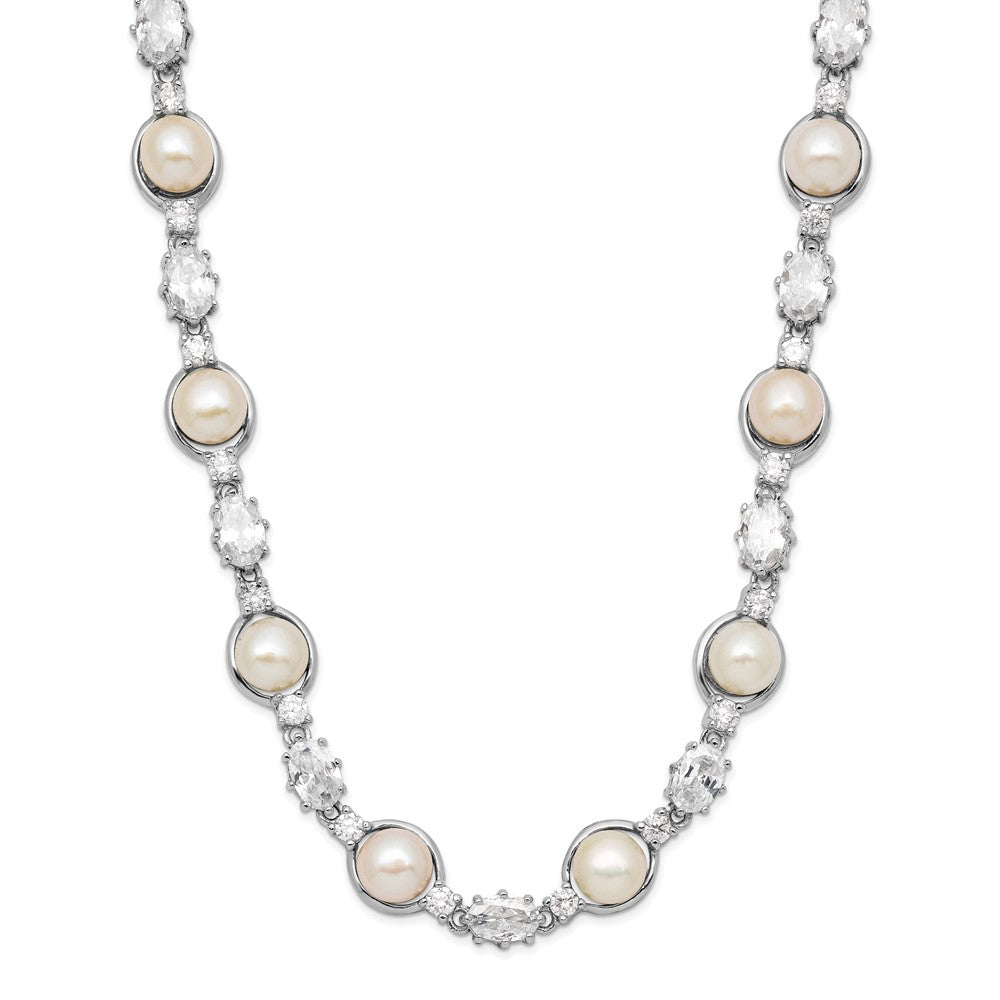 Rhodium Plate Silver Freshwater Cultured Pearl Stationed White Cz Necklace-