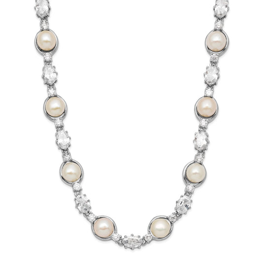 Rhodium Plate Silver Freshwater Cultured Pearl Stationed White Cz Necklace-