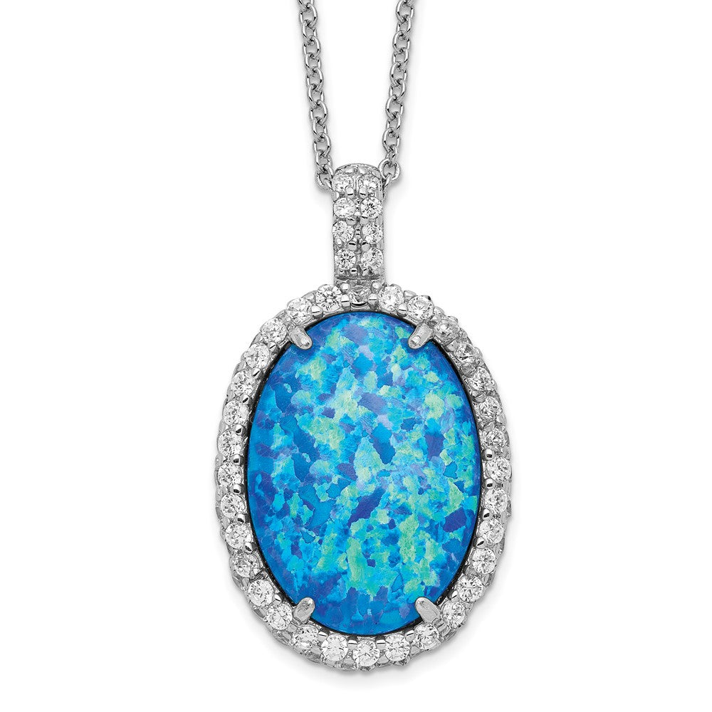 Cheryl M Sterling Silver Rhodium-plated Cabochon Lab Created Blue Opal and Brilliant-cut CZ Oval 18.5 Inch Necklace 18.5 Inches