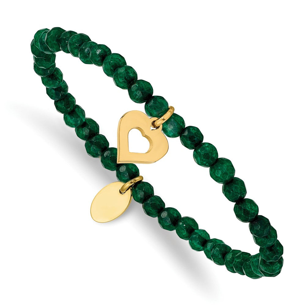 Stainless Steel Polished Heart Yellow IP Green Jade Stretch Bracelet 6 inches
