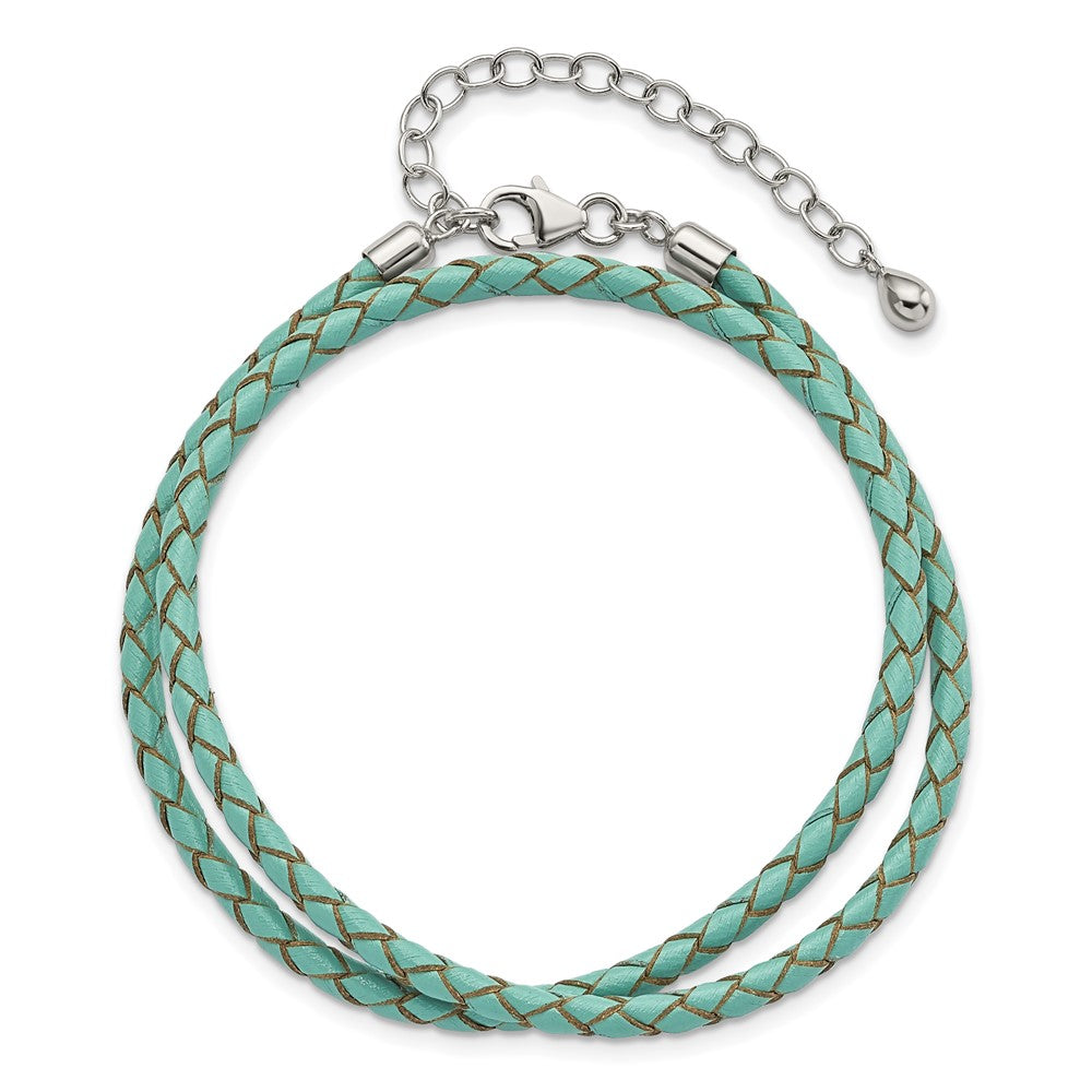 Sterling Silver Reflections Teal Leather Rhodium-plated 14 inch with a 2 inch extention Choker/Wrap Bracelet 14 inches