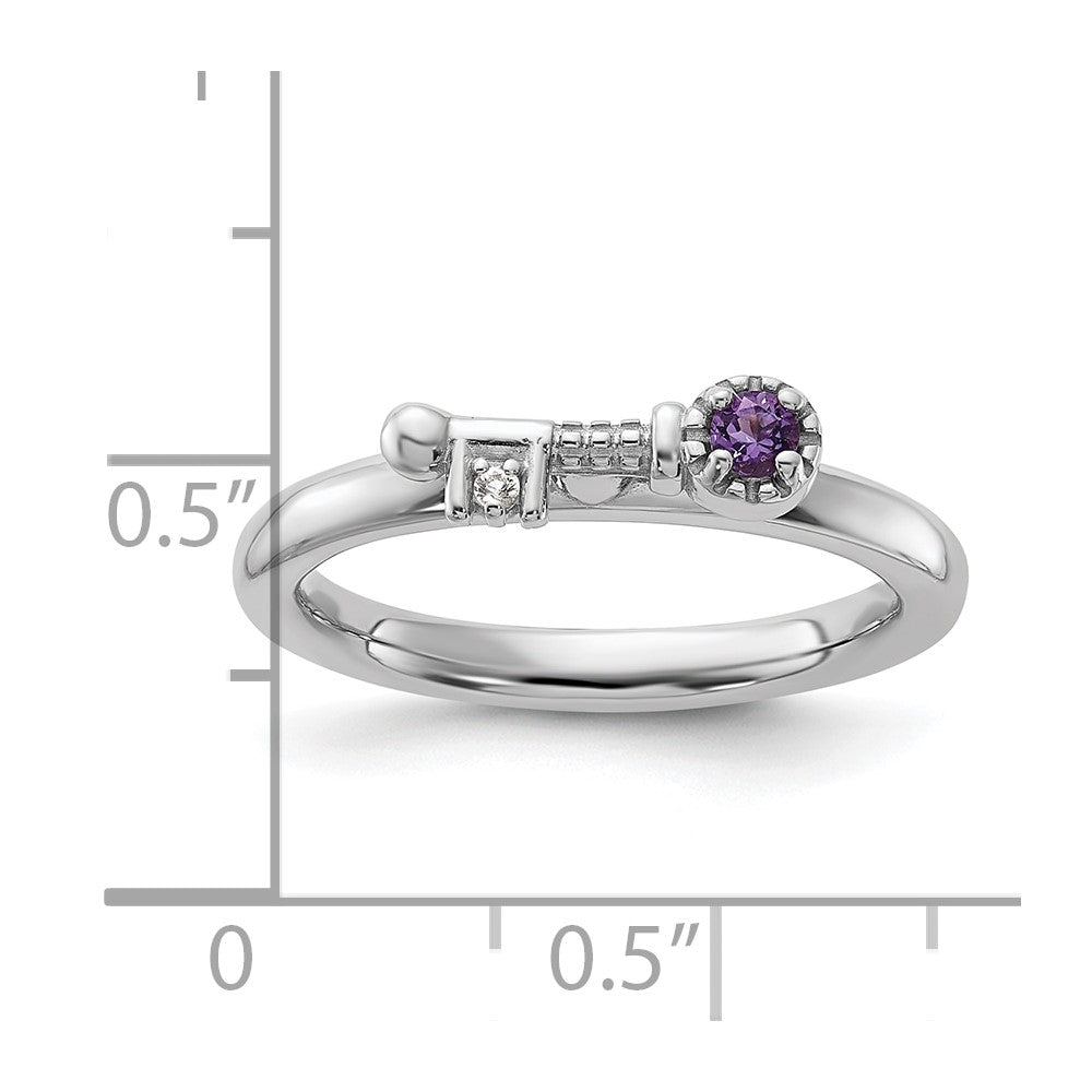 Sterling Silver Stackable Expressions Rhodium-plated Amethyst and White Topaz Key Ring Size -7