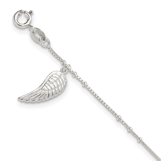 Sterling Silver Polished Wing Dangle 9in Plus 1Ext Anklet 9 inches