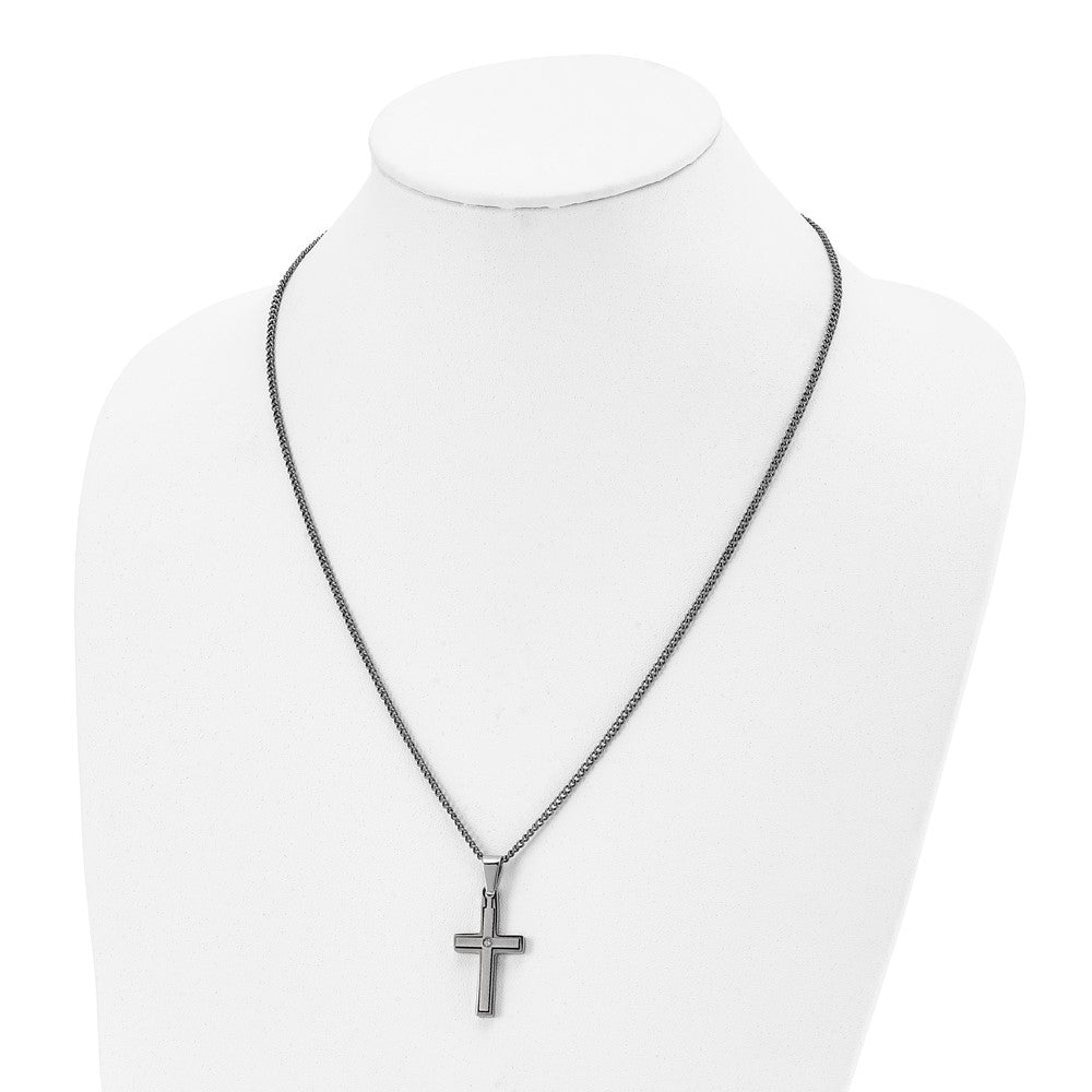 Titanium Brushed and Polished w/.03ct Diamond Cross 22in Necklace