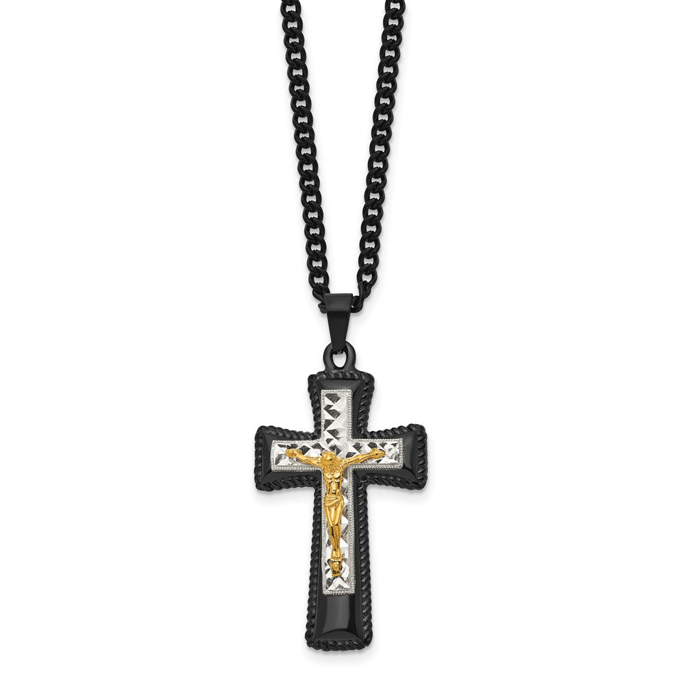 Stainless Steel Black & Yellow IP w/ Silver IP Brass Crucifix Necklace
