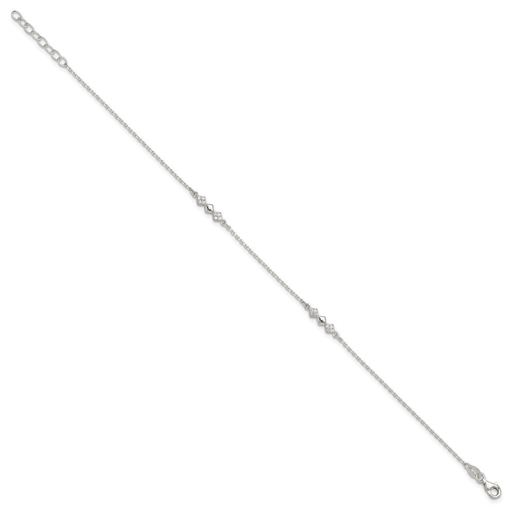 Sterling Silver CZ 3-Diamond Shapes 9in Plus 1 in Ext. Anklet 9 inches