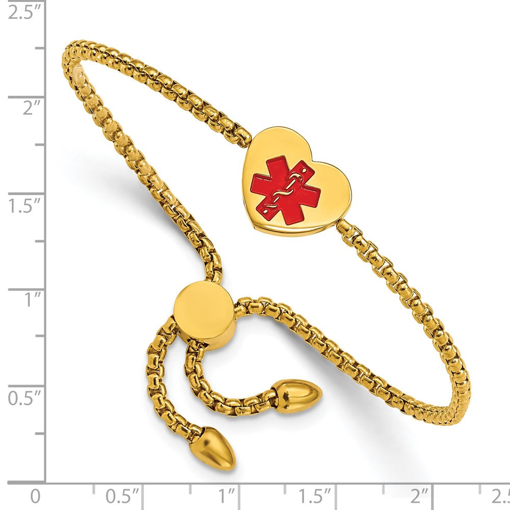 Stainless Steel Polished Yellow IP/Red Enamel Heart Medical ID Adj. Bracele