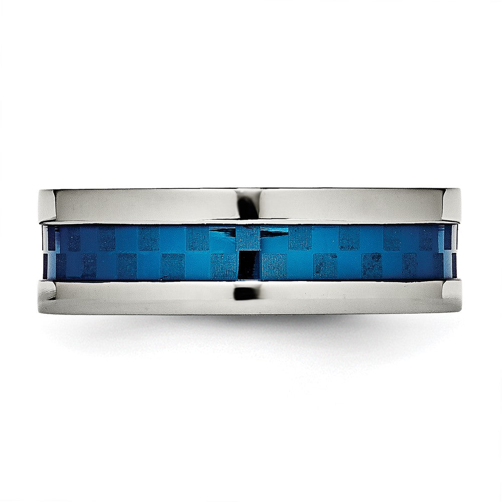 Stainless Steel Polished Blue IP-plated Checkered Design 7mm Band Size - 12.5