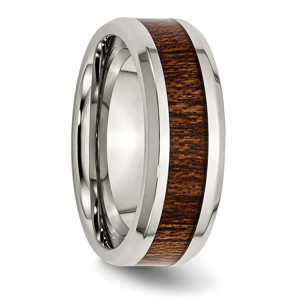 Stainless Steel Polished Brown Koa Wood Inlay Enameled 8mm Band Size - 11