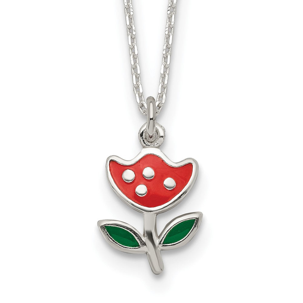 Sterling Silver Polished Red & Green Enameled Flower Children's Necklace 14 Inches