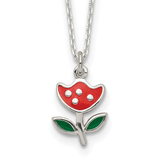 Sterling Silver Polished Red & Green Enameled Flower Children's Necklace 14 Inches