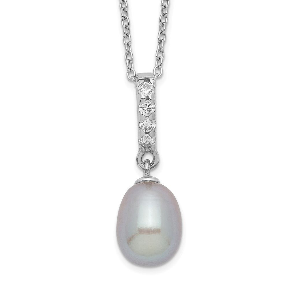 Sterling Silver Rhodium-plated 8-9mm Grey Teardrop Freshwater Cultured Pearl and CZ 17 inch Necklace 17 Inches