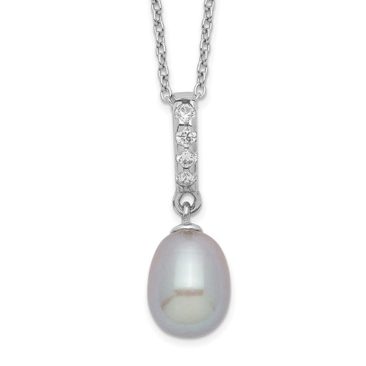 Sterling Silver Rhodium-plated 8-9mm Grey Teardrop Freshwater Cultured Pearl and CZ 17 inch Necklace 17 Inches