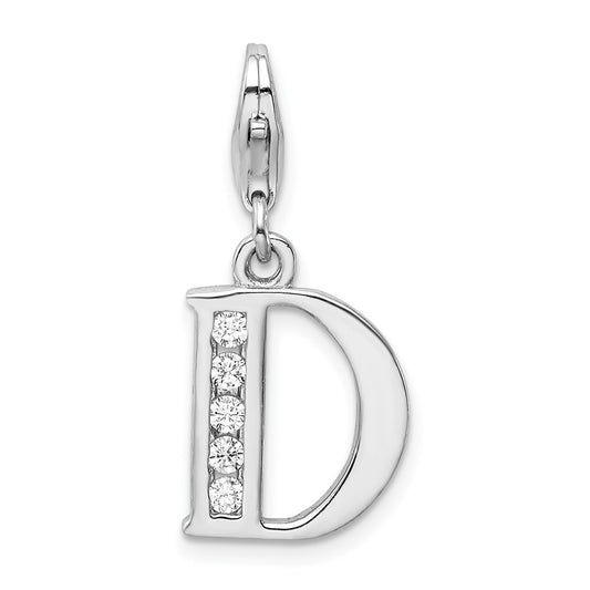 Amore La Vita Sterling Silver Rhodium-plated Polished CZ Letter D Initial Charm with Fancy Lobster Clasp