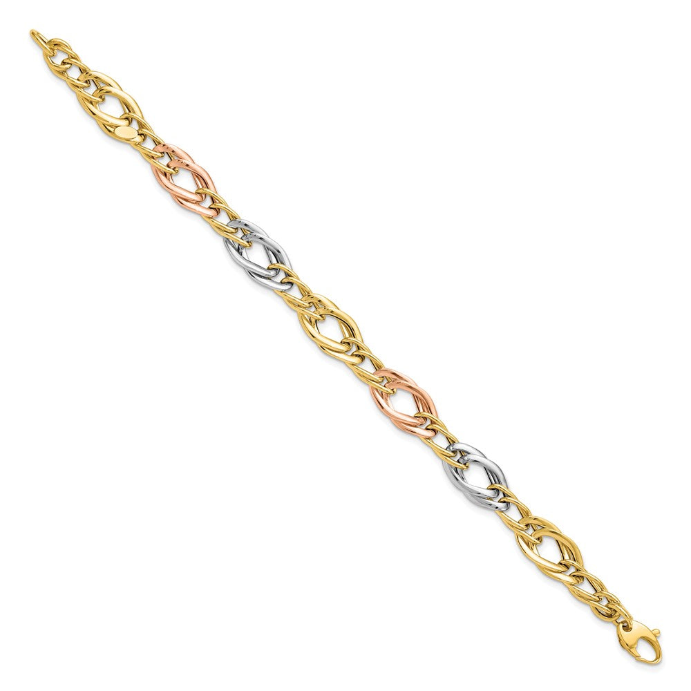 14K Tri-Color Polished Link Bracelet 7.5  inches