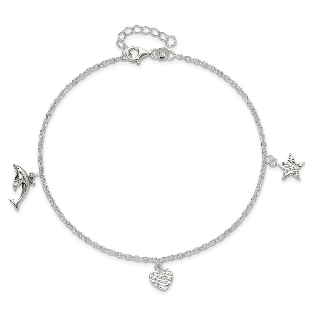 Sterling Silver Polished Heart, Star and Dolphin 9in Plus 1in Ext. Anklet 9 inches