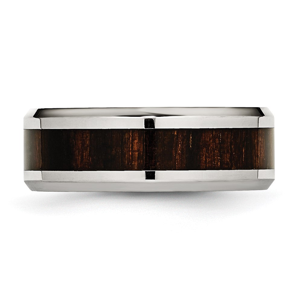 Stainless Steel Polished Black Koa Wood Inlay Enameled 8mm Band Size - 10