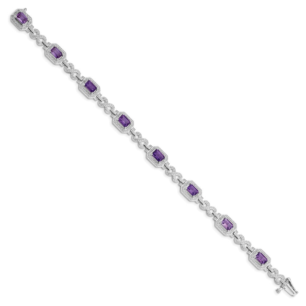 Sterling Silver Rhodium-plated Diamond & Amethyst Bracelet 7 inches
