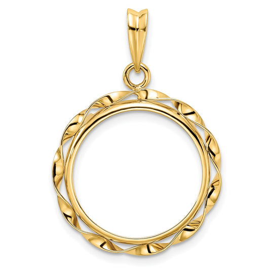 Wideband Distinguished Coin Jewelry 14k Polished Hand Twisted Ribbon 18.0mm Prong Coin Bezel Pendant