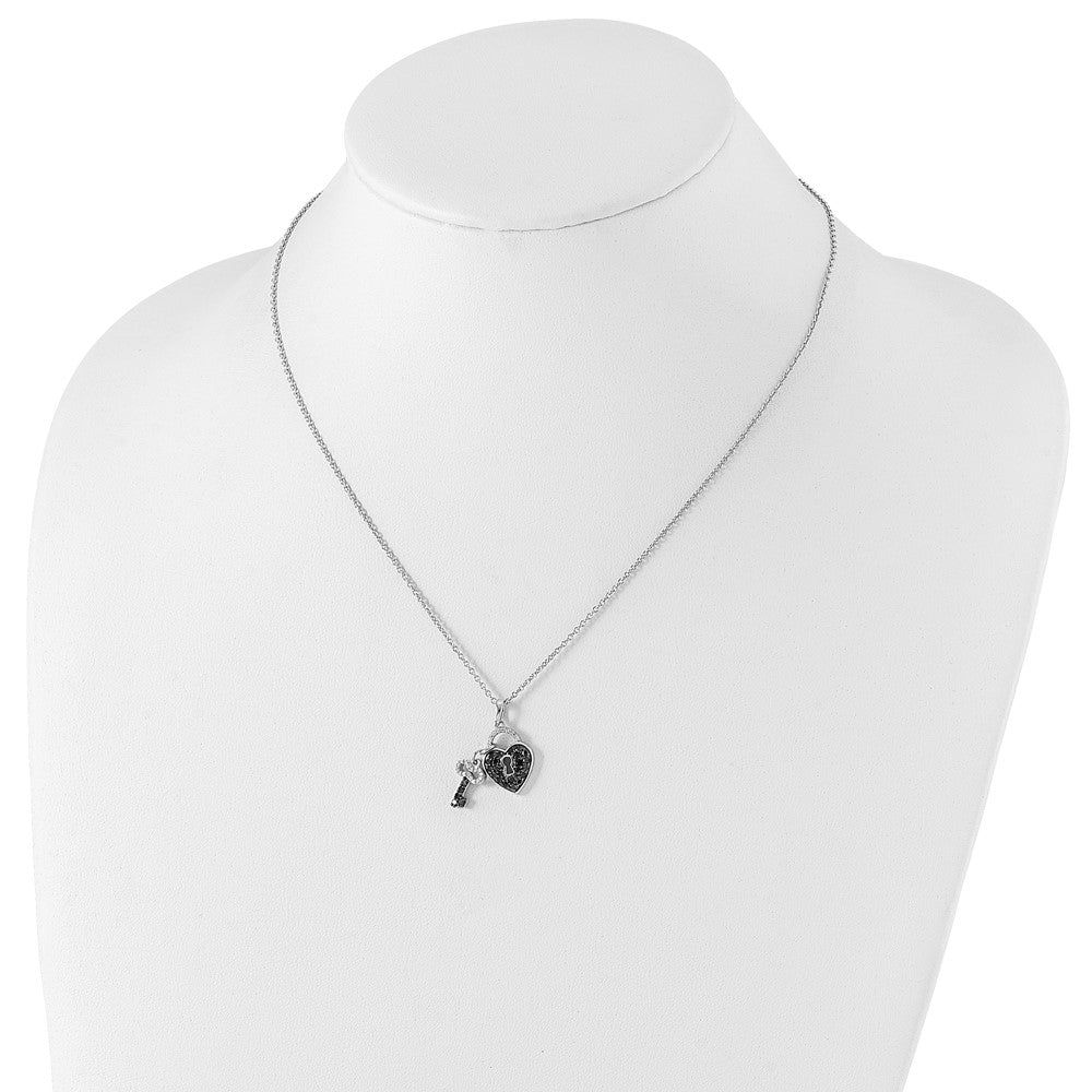 White Night Sterling Silver Rhodium-plated Black and White Diamond Heart and Key 18 Inch Necklace with 2 Inch Extender 18 Inches