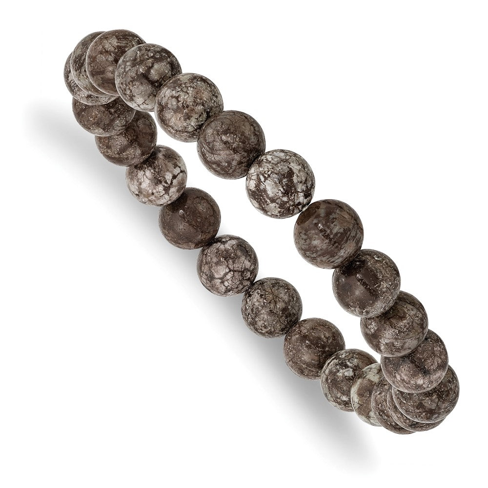 Grey Snowflake Agate Beaded Stretch Bracelet 6.75 inches