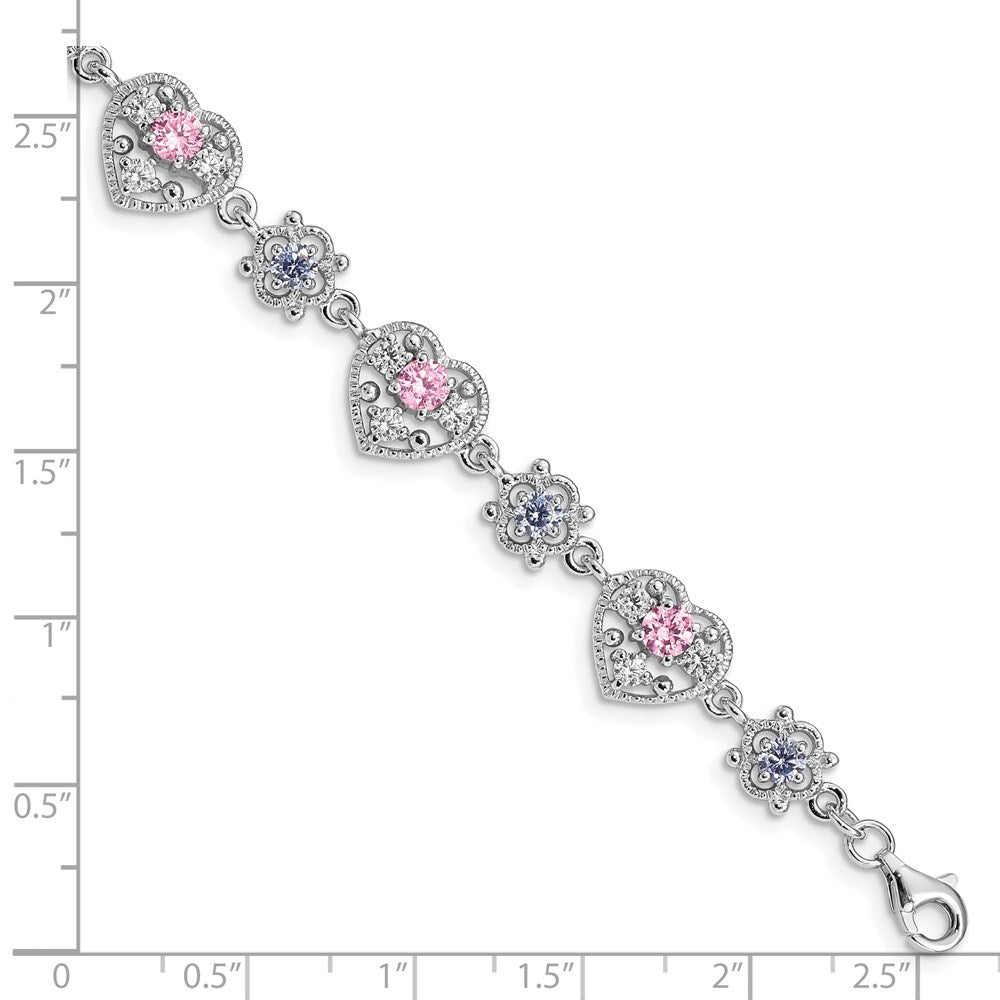 Sterling Silver Rhod-plated 7inch Pink and Clear CZ Heart Bracelet 7 inches