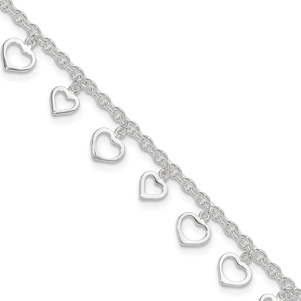 Sterling Silver 8 in Plus 1in Ext Polished Heart Anklet 9 inches