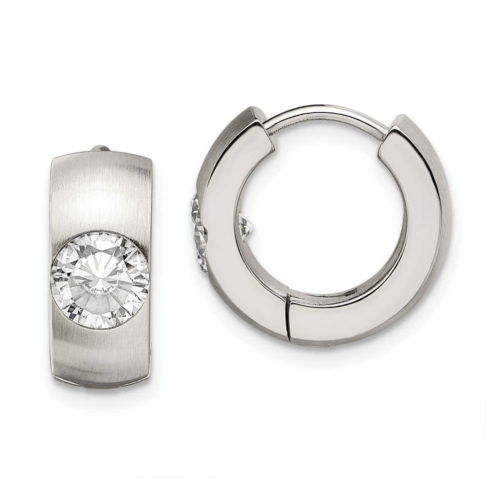 Stainless Steel Brushed & Polished w/CZ Round 7mm Hinged Hoop Earrings