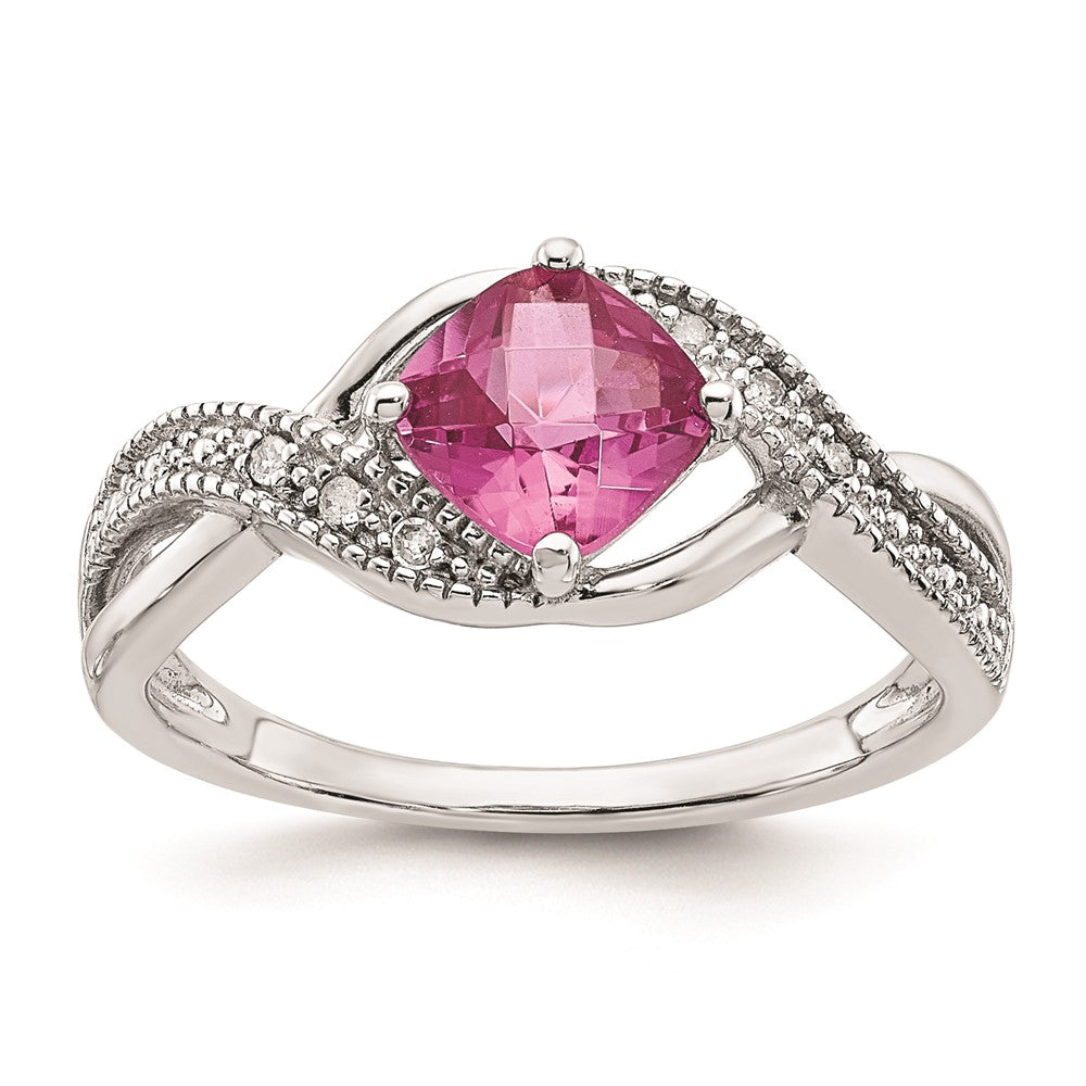 Sterling Silver Created Pink Sapphire and Diamond Ring