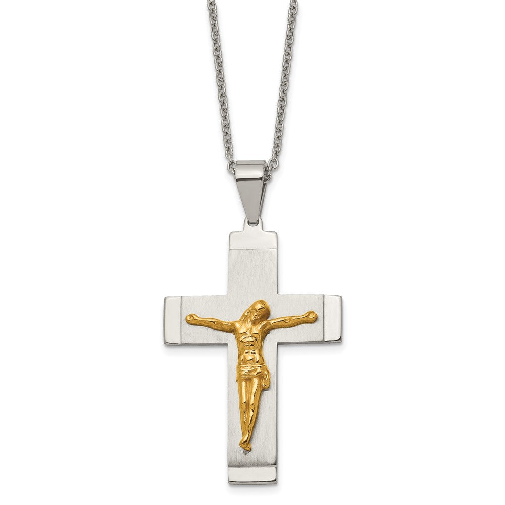 Stainless Steel Brushed & Polished Yellow IP-plated Crucifix 20in Necklace