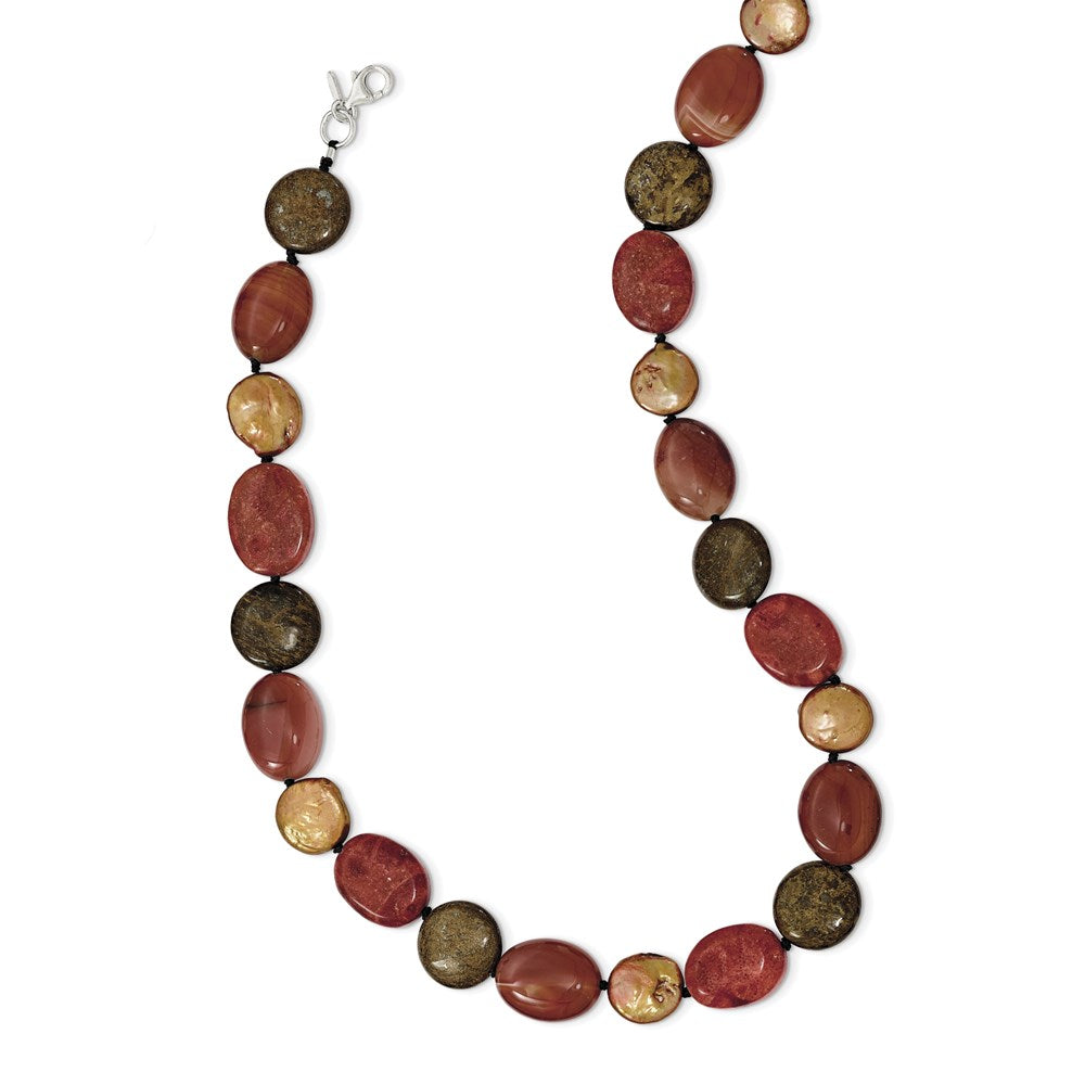 Sterling Silver Tiger Eyes/Carnelian/Reconst. Coral/FW Cult. Pearl Necklace 18 Inches