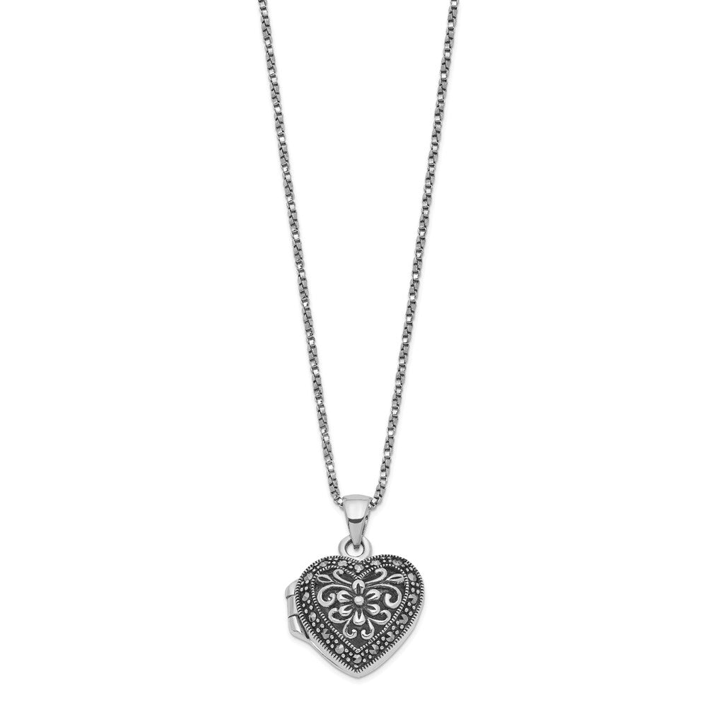Sterling Silver Rhod-pltd Floral Marcasite Heart Locket 18in Necklace 18 Inches