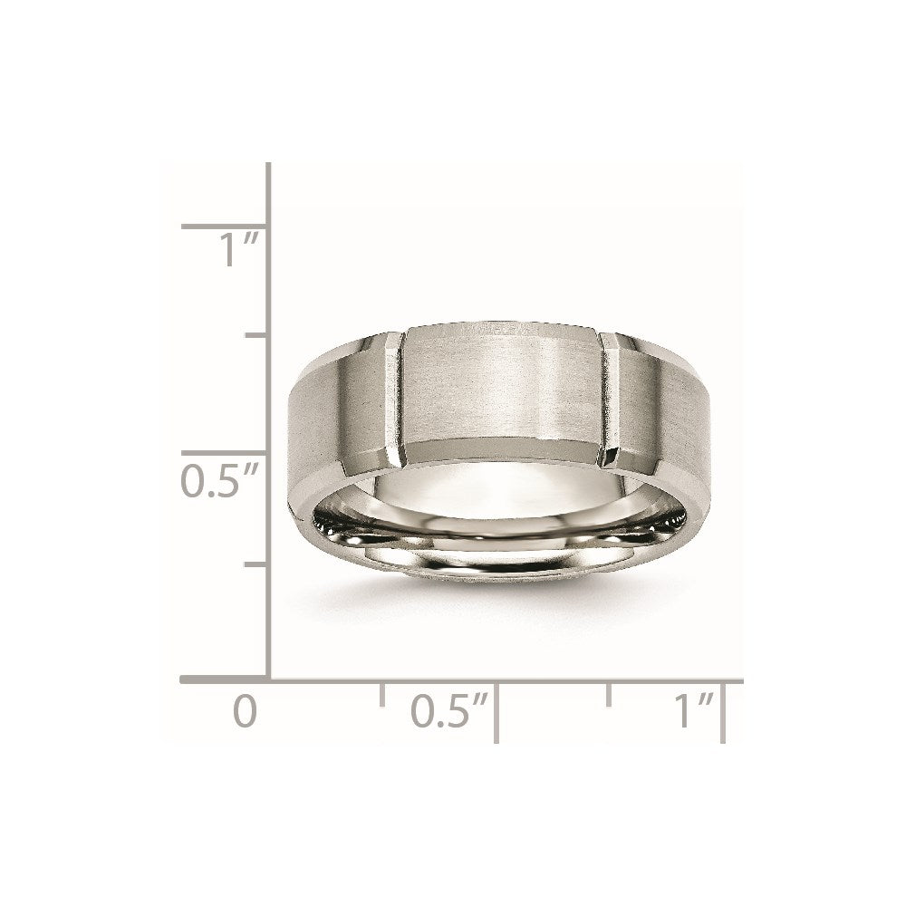 Stainless Steel Brushed/Polished Grooved 8mm Beveled Edge Band Size - 8.5